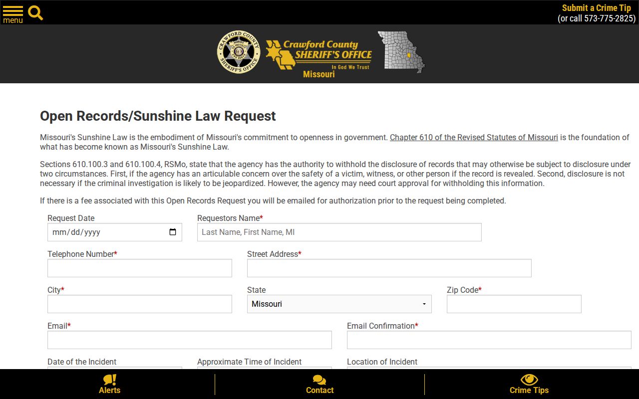 Crawford County Sheriff's Office open records request page