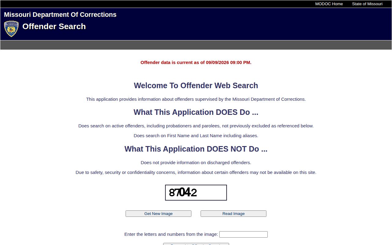 Missouri Department of Corrections offender search form